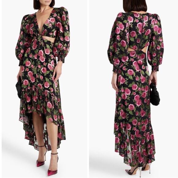 Alice + Olivia Katia Floral Print Fil Coupe Cutout Puff Sleeve Maxi Dress Sz 8 - Picture 1 of 9